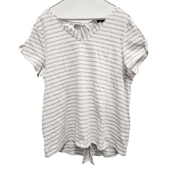 RXB Womens Striped Top XL White Tan Slit Short Sleeve Tie Back V-Neck T Shirt - Picture 1 of 9